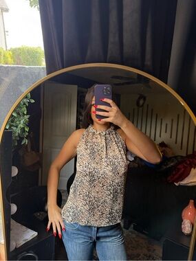 Sleeveless Leopard-Print Halter Blouse in Neutral Tones